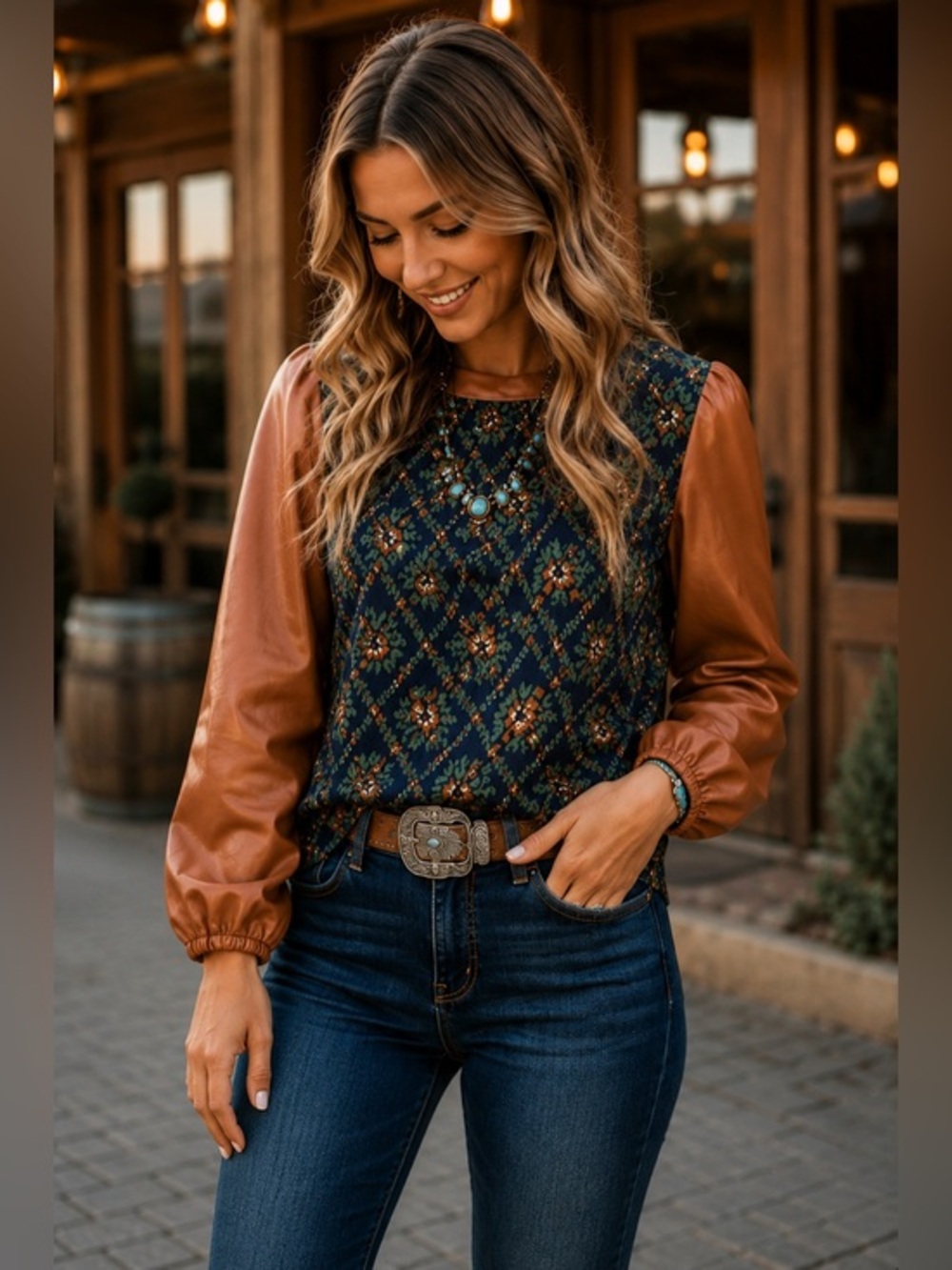VOY Floral Faux Leather Sleeve Top Western Boho Boutique Blouse Medium